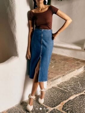 Sezane Blue Denim Midi Skirt with Front Center Slit